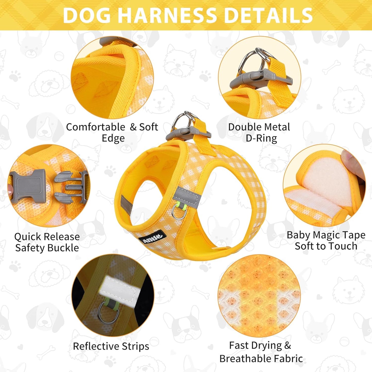 Step in Small Dog Harness and Leash Set, Puppy Pet Vest, Yellow S | Breathable Mesh, Adjustable Fit, No-Pull Reflective Design, Escape Proof, for Small-Medium Dogs, Outdoor Walking, Running