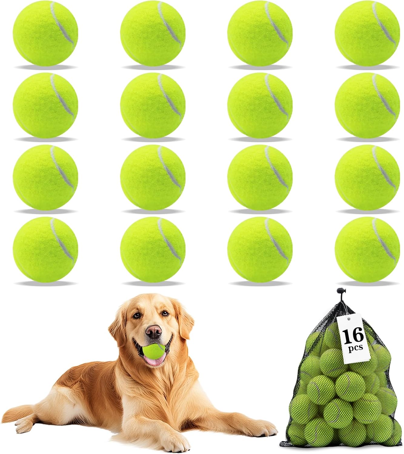 Dog Balls, Tennis Balls for Dogs,Colorful Easy Catching Pet Playing Ball (Yellow, 16 Pack)