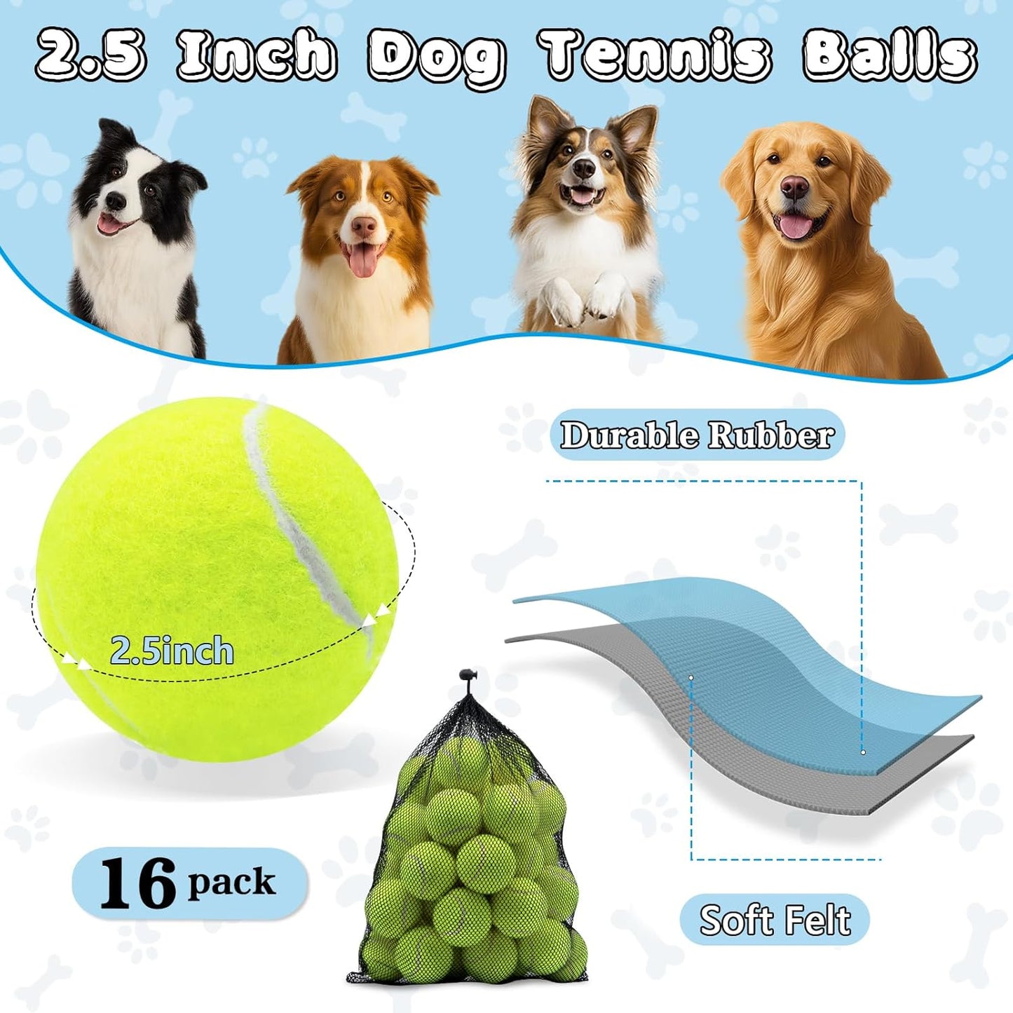 Dog Balls, Tennis Balls for Dogs,Colorful Easy Catching Pet Playing Ball (Yellow, 16 Pack)