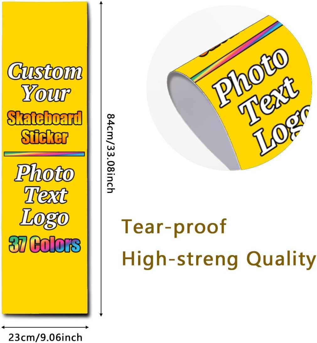 Personalized Skateboard Stickers, Add Picture Logo Text, Custom Fashion Skateboard Sticker for Scooter Longboard, Gifts for Dad Brothers, Yellow, 9"x31"