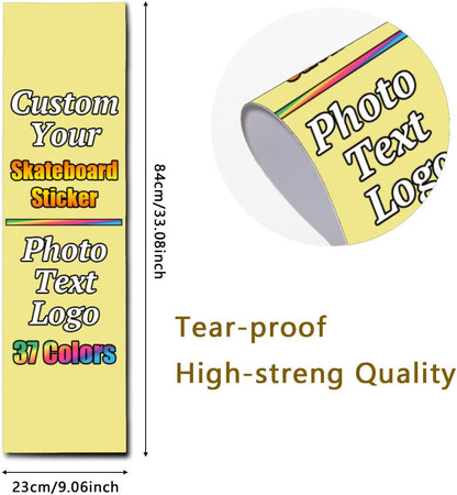 Personalized Skateboard Stickers, Add Picture Logo Text, Custom Fashion Skateboard Sticker for Scooter Longboard, Gifts for Dad Brothers, Yellow, 9"x31"