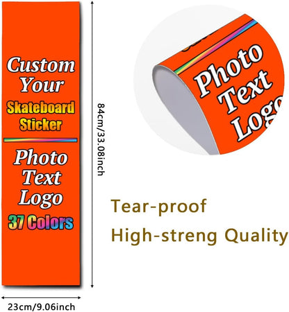 Personalized Skateboard Stickers, Add Picture Logo Text, Custom Fashion Skateboard Sticker for Scooter Longboard, Gifts for Dad Brothers, Yellow, 9"x31"