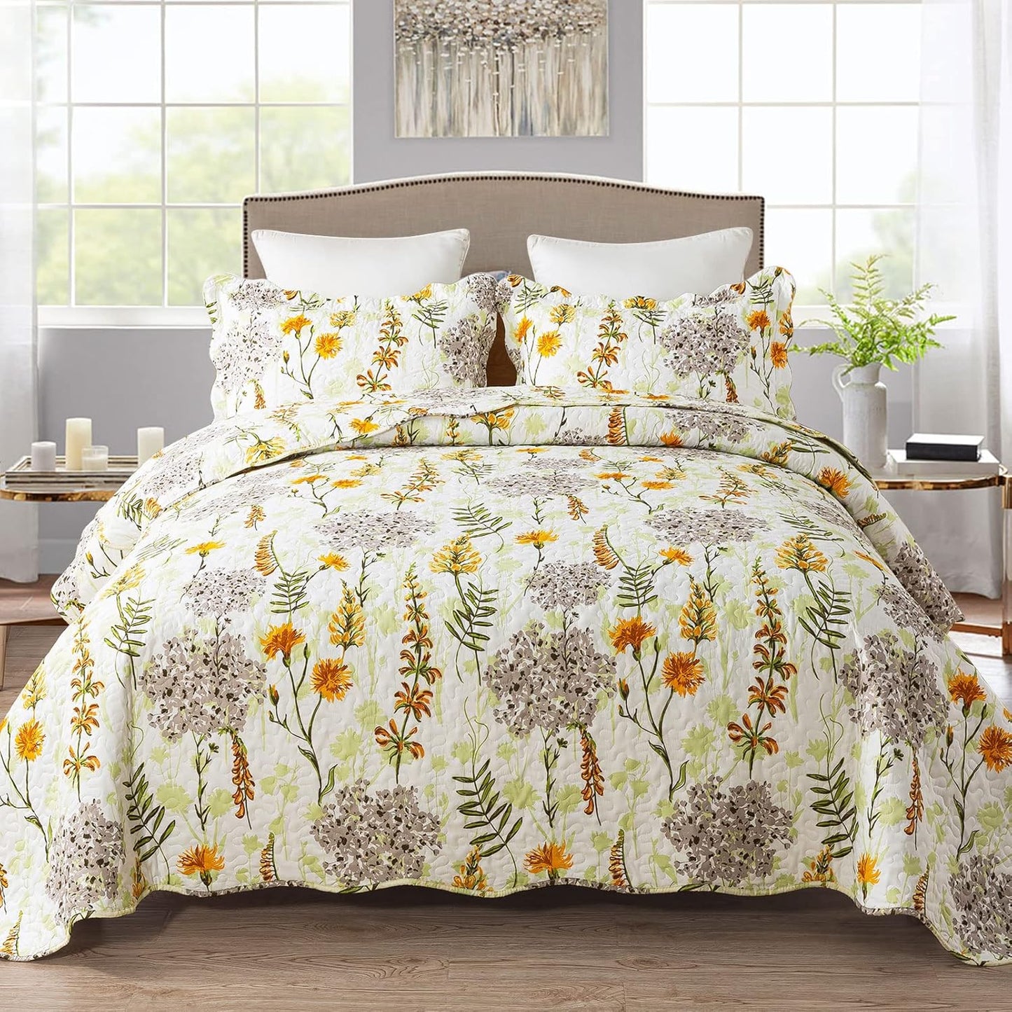 Quilt Bedspread Sets-Yellow Flower Pattern Reversible Soft Coverlet Set,King Size
