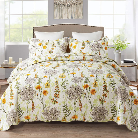 Quilt Bedspread Sets-Yellow Flower Pattern Reversible Soft Coverlet Set,King Size