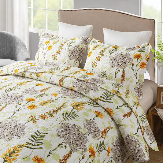 Quilt Bedspread Sets-Yellow Flower Pattern Reversible Soft Coverlet Set,King Size