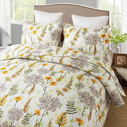 Quilt Bedspread Sets-Yellow Flower Pattern Reversible Soft Coverlet Set,King Size