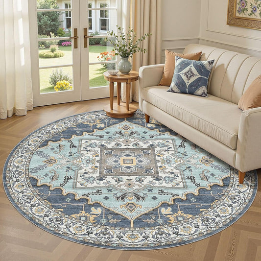 6ft Round Rug for Living Room: 6x6 Washable Vintage Blue Yellow Area Rug, Large Non Slip Soft Stain Resistant Indoor Floor Carpet for Bedroom Dining Decor Home Office Kid & Pet Friendly