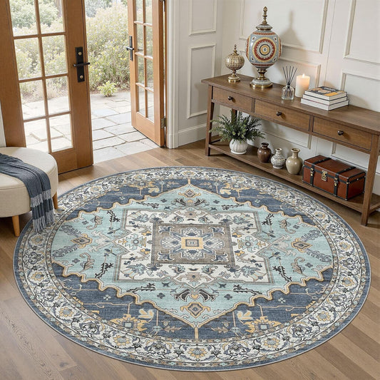 6ft Round Rug for Living Room: 6x6 Washable Vintage Blue Yellow Area Rug, Large Non Slip Soft Stain Resistant Indoor Floor Carpet for Bedroom Dining Decor Home Office Kid & Pet Friendly