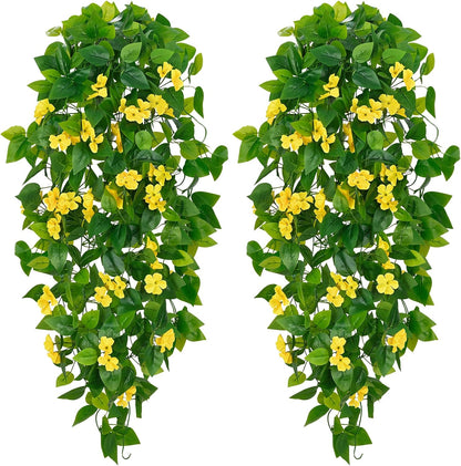 Artificial Hanging Flowers for Outdoors, 2pcs Fake Hanging Plants Pothos Vines with Yellow Flowers for Wall Home Living Room Indoor Outdoor Decor (No Baskets)