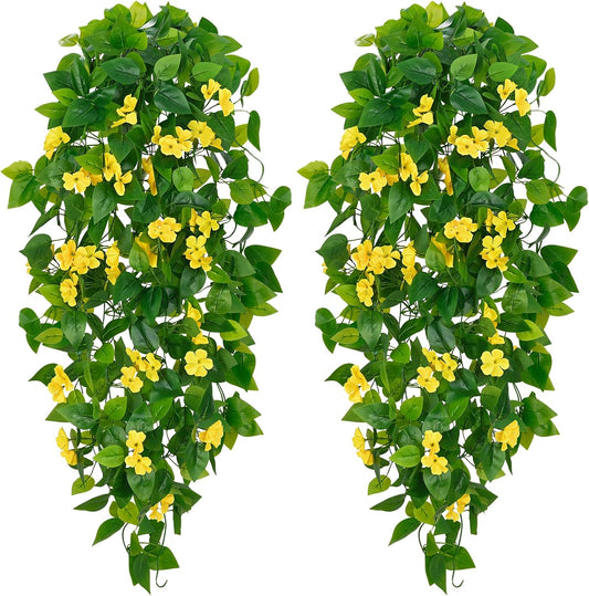 Artificial Hanging Flowers for Outdoors, 2pcs Fake Hanging Plants Pothos Vines with Yellow Flowers for Wall Home Living Room Indoor Outdoor Decor (No Baskets)