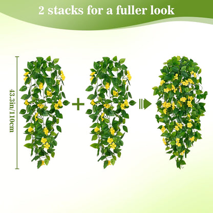 Artificial Hanging Flowers for Outdoors, 2pcs Fake Hanging Plants Pothos Vines with Yellow Flowers for Wall Home Living Room Indoor Outdoor Decor (No Baskets)
