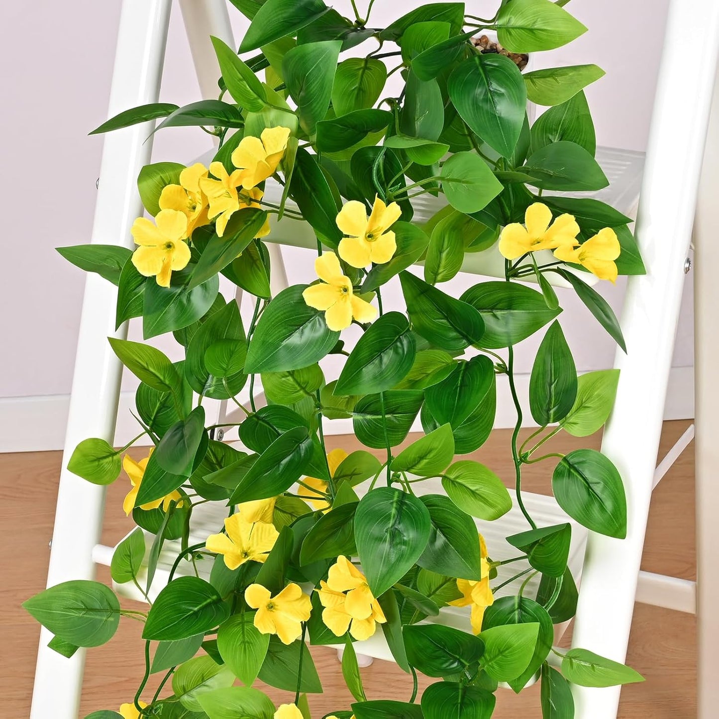 Artificial Hanging Flowers for Outdoors, 2pcs Fake Hanging Plants Pothos Vines with Yellow Flowers for Wall Home Living Room Indoor Outdoor Decor (No Baskets)