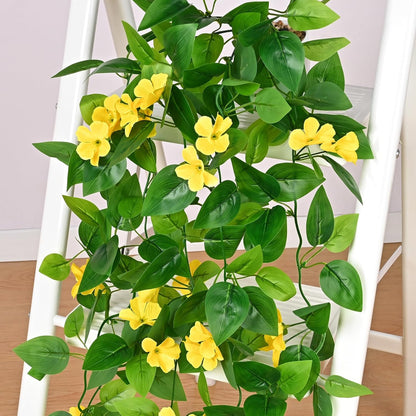 Artificial Hanging Flowers for Outdoors, 2pcs Fake Hanging Plants Pothos Vines with Yellow Flowers for Wall Home Living Room Indoor Outdoor Decor (No Baskets)