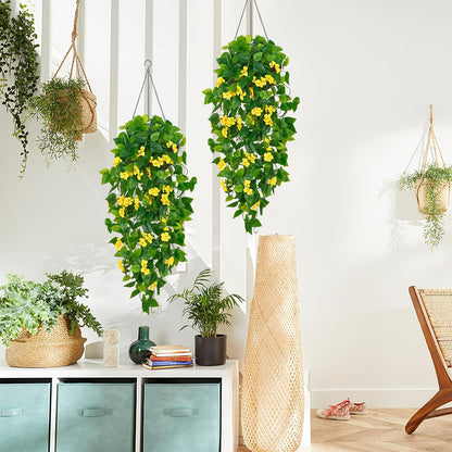 Artificial Hanging Flowers for Outdoors, 2pcs Fake Hanging Plants Pothos Vines with Yellow Flowers for Wall Home Living Room Indoor Outdoor Decor (No Baskets)