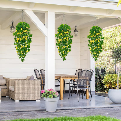 Artificial Hanging Flowers for Outdoors, 2pcs Fake Hanging Plants Pothos Vines with Yellow Flowers for Wall Home Living Room Indoor Outdoor Decor (No Baskets)