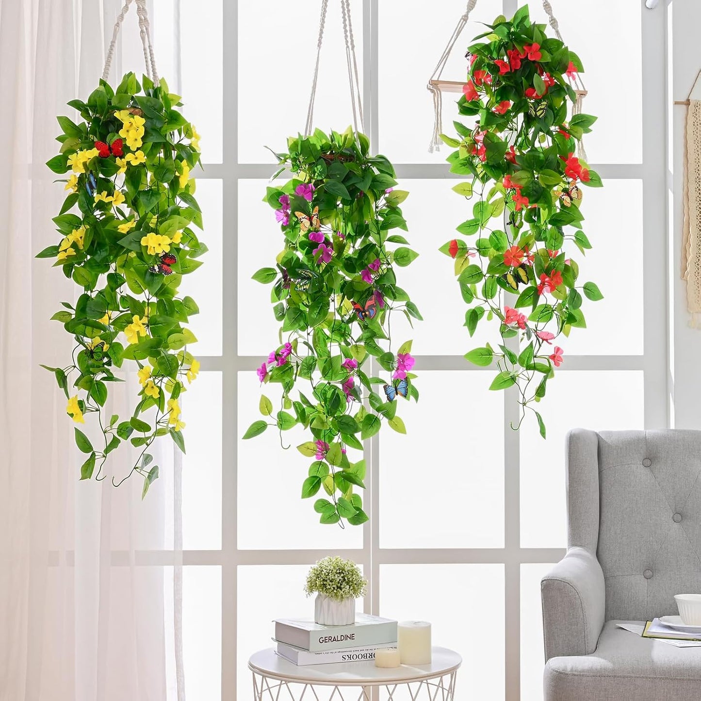 Artificial Hanging Flowers for Outdoors, 2pcs Fake Hanging Plants Pothos Vines with Yellow Flowers for Wall Home Living Room Indoor Outdoor Decor (No Baskets)