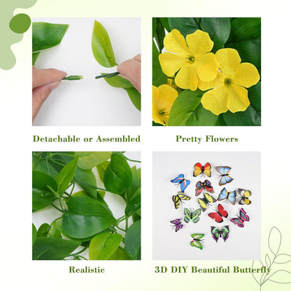 Artificial Hanging Flowers for Outdoors, 2pcs Fake Hanging Plants Pothos Vines with Yellow Flowers for Wall Home Living Room Indoor Outdoor Decor (No Baskets)