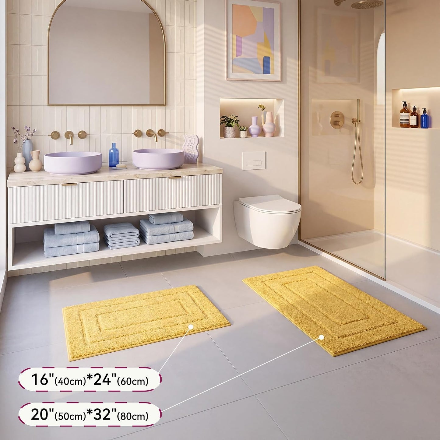 Bathroom Rugs Non Slip Washable, Soft Bath Mats for Bathroom, 16" x 24", Super Absorbent Bath Mat Small Rug, Shaggy Shower Room Floor Mat, Tub, Yellow