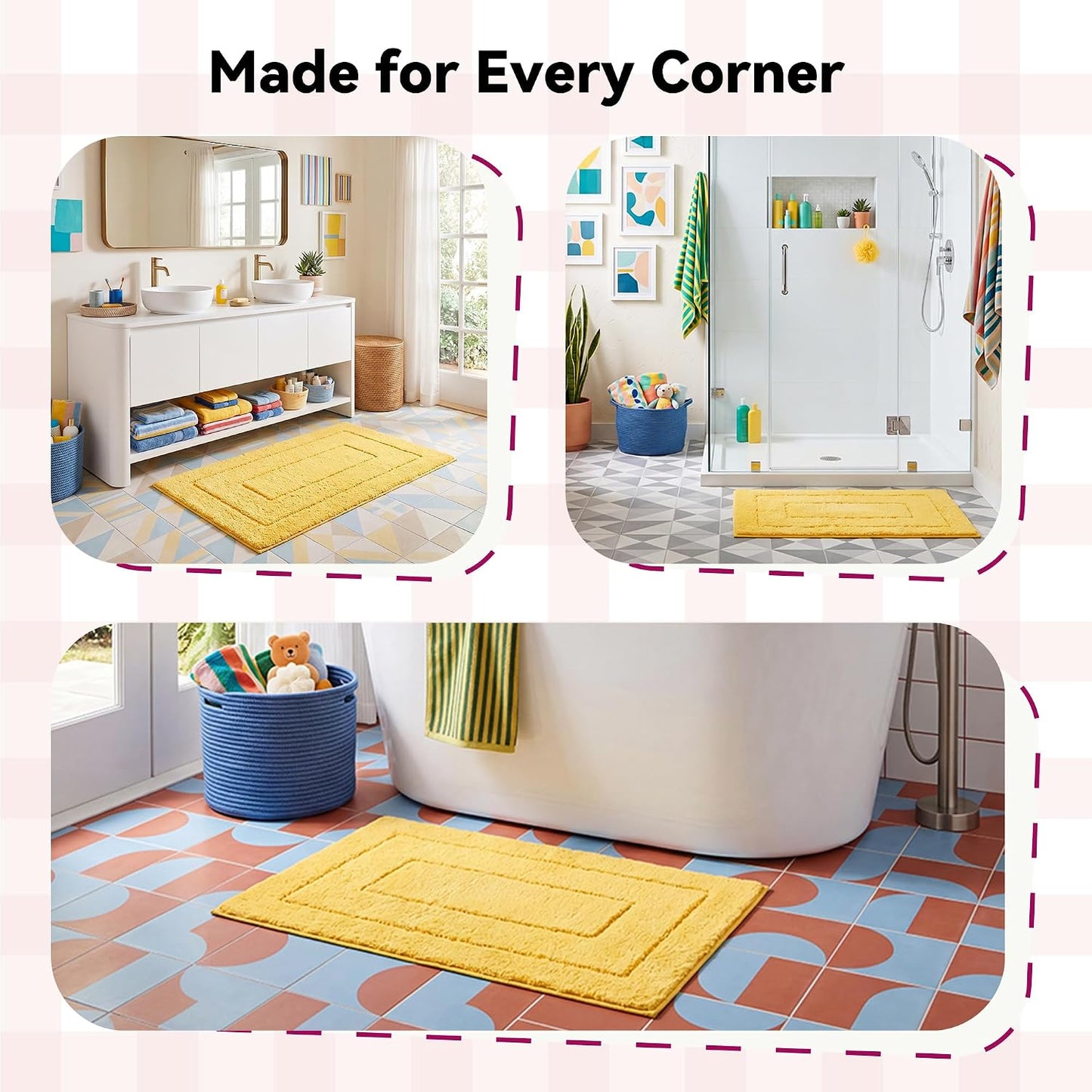 Bathroom Rugs Non Slip Washable, Soft Bath Mats for Bathroom, 16" x 24", Super Absorbent Bath Mat Small Rug, Shaggy Shower Room Floor Mat, Tub, Yellow