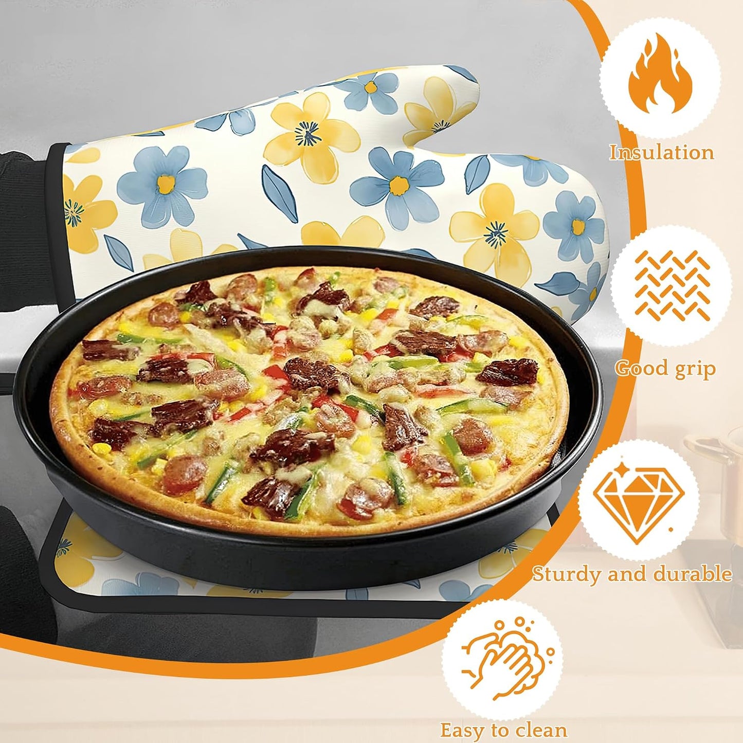 Cute Floral Oven Mitts and Pot Holders,Yellow Blue Flower Heat Resistant Oven Mitts Gloves and Pot Holder for Home Kitchen Decorations Cooking Baking BBQ Gifts,Set of 4