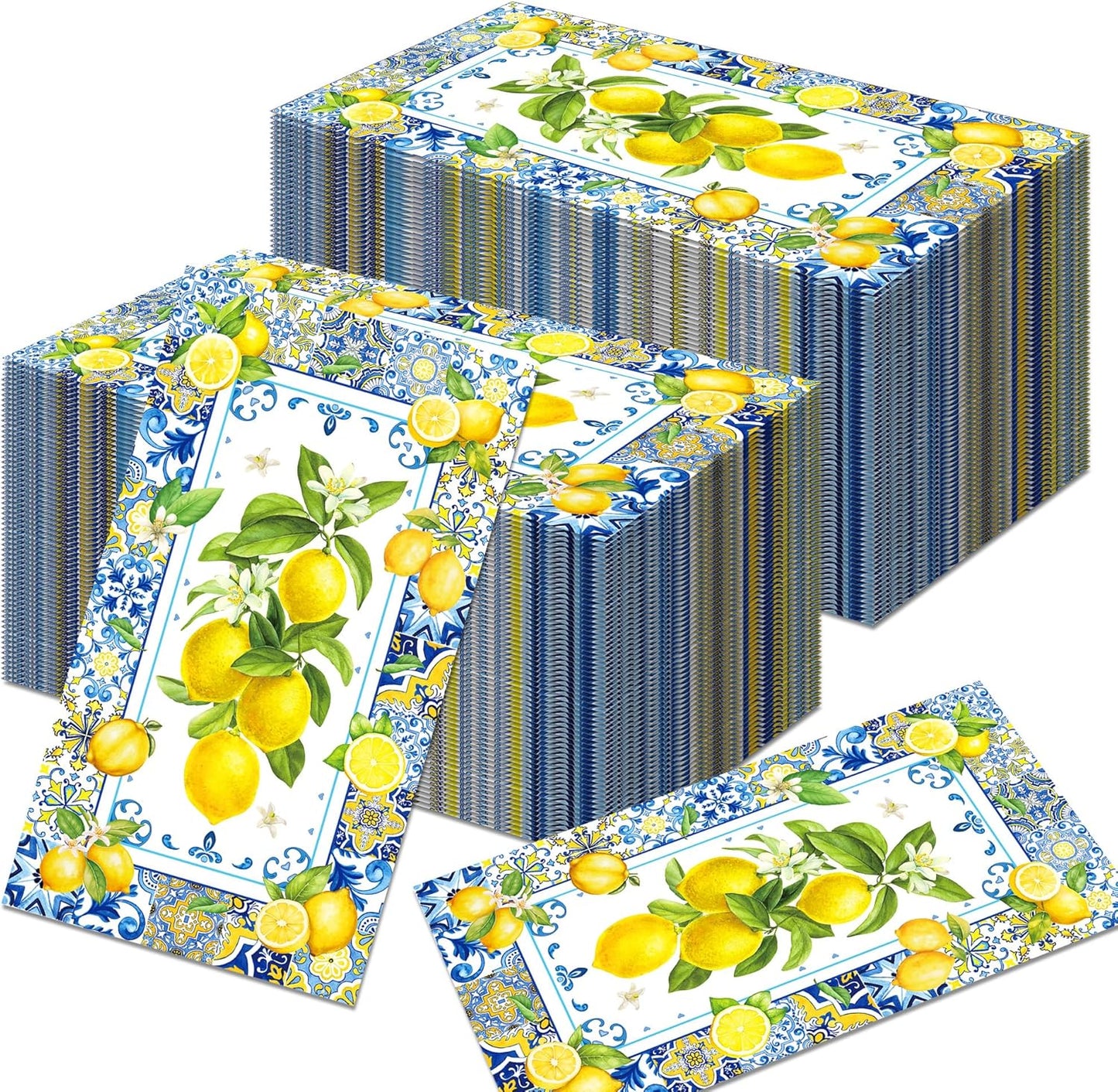 40Pcs Lemon Paper Napkins Chinoiserie Blue Tile Theme Decorative Paper Hand Towels Disposable Lemon Guest Napkins Summer Blue Yellow Guest Towels for Summer Yellow Lemons Bathroom Wedding,4.3x7.9In