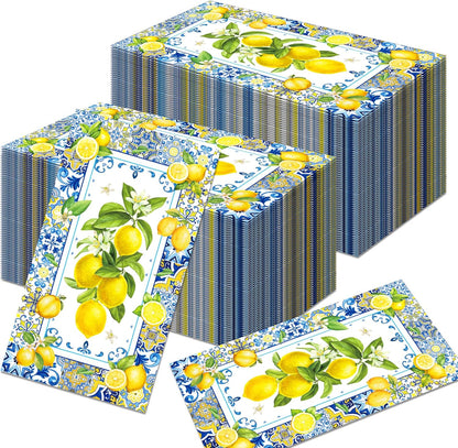 40Pcs Lemon Paper Napkins Chinoiserie Blue Tile Theme Decorative Paper Hand Towels Disposable Lemon Guest Napkins Summer Blue Yellow Guest Towels for Summer Yellow Lemons Bathroom Wedding,4.3x7.9In