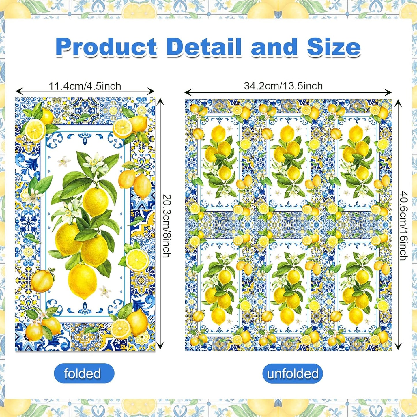 40Pcs Lemon Paper Napkins Chinoiserie Blue Tile Theme Decorative Paper Hand Towels Disposable Lemon Guest Napkins Summer Blue Yellow Guest Towels for Summer Yellow Lemons Bathroom Wedding,4.3x7.9In