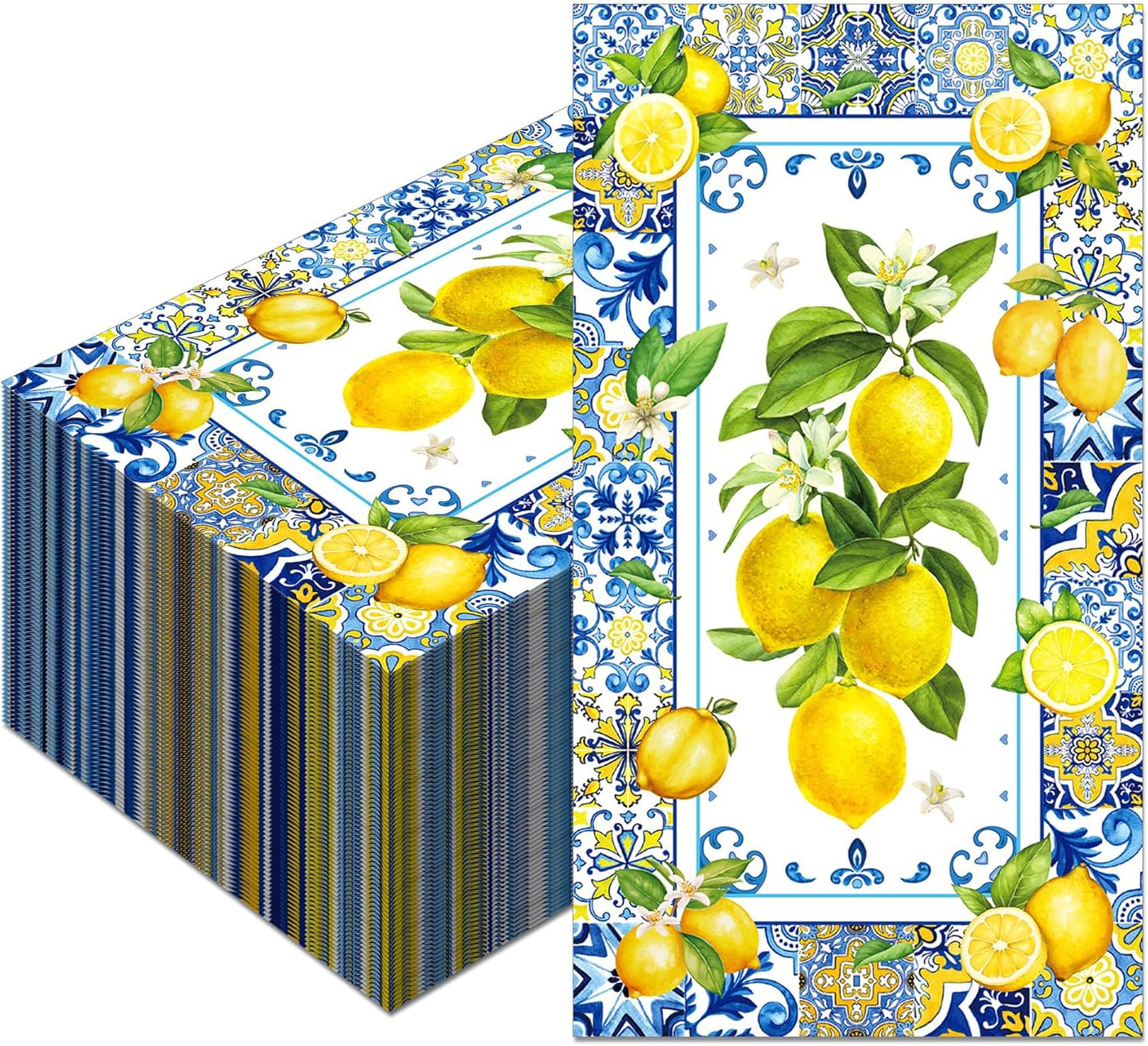 40Pcs Lemon Paper Napkins Chinoiserie Blue Tile Theme Decorative Paper Hand Towels Disposable Lemon Guest Napkins Summer Blue Yellow Guest Towels for Summer Yellow Lemons Bathroom Wedding,4.3x7.9In