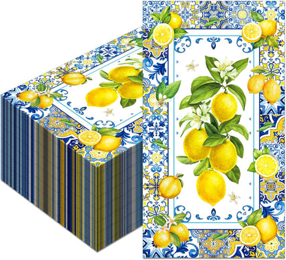 40Pcs Lemon Paper Napkins Chinoiserie Blue Tile Theme Decorative Paper Hand Towels Disposable Lemon Guest Napkins Summer Blue Yellow Guest Towels for Summer Yellow Lemons Bathroom Wedding,4.3x7.9In