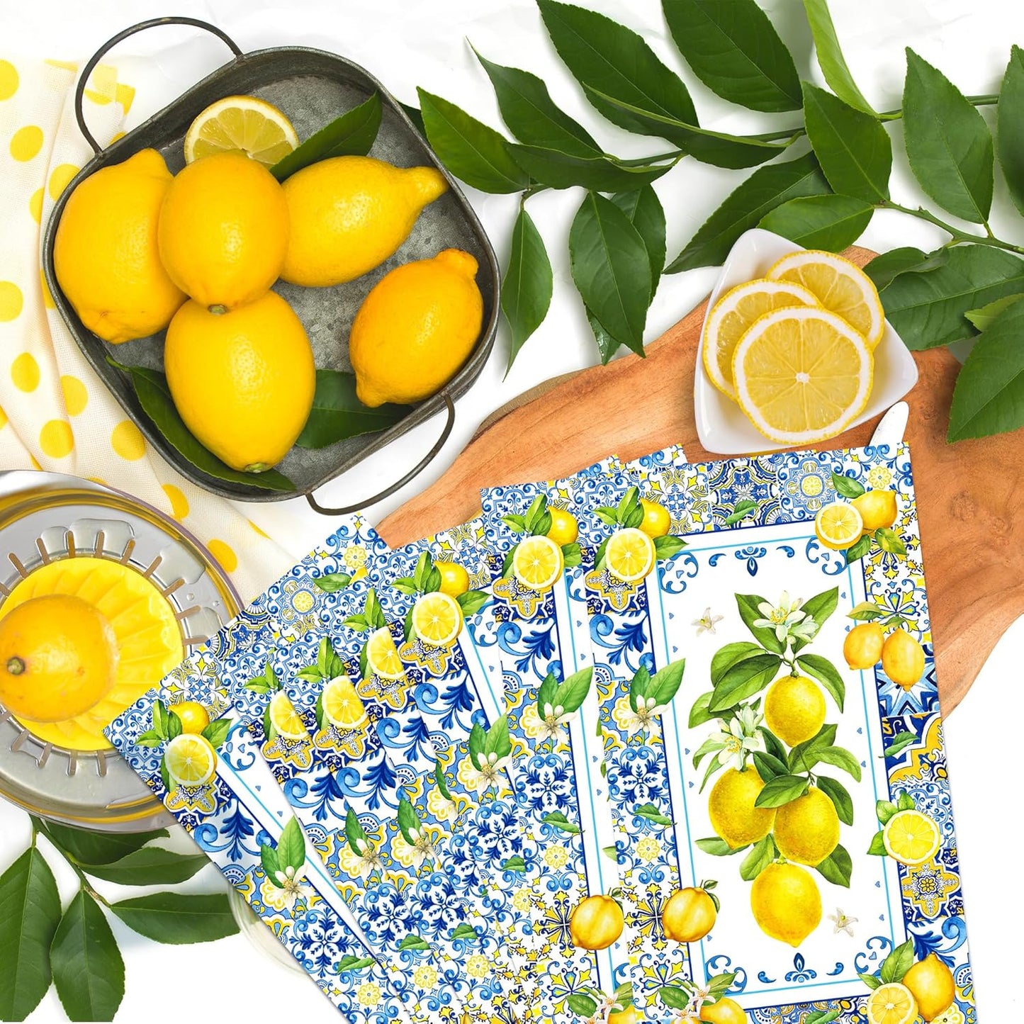 40Pcs Lemon Paper Napkins Chinoiserie Blue Tile Theme Decorative Paper Hand Towels Disposable Lemon Guest Napkins Summer Blue Yellow Guest Towels for Summer Yellow Lemons Bathroom Wedding,4.3x7.9In