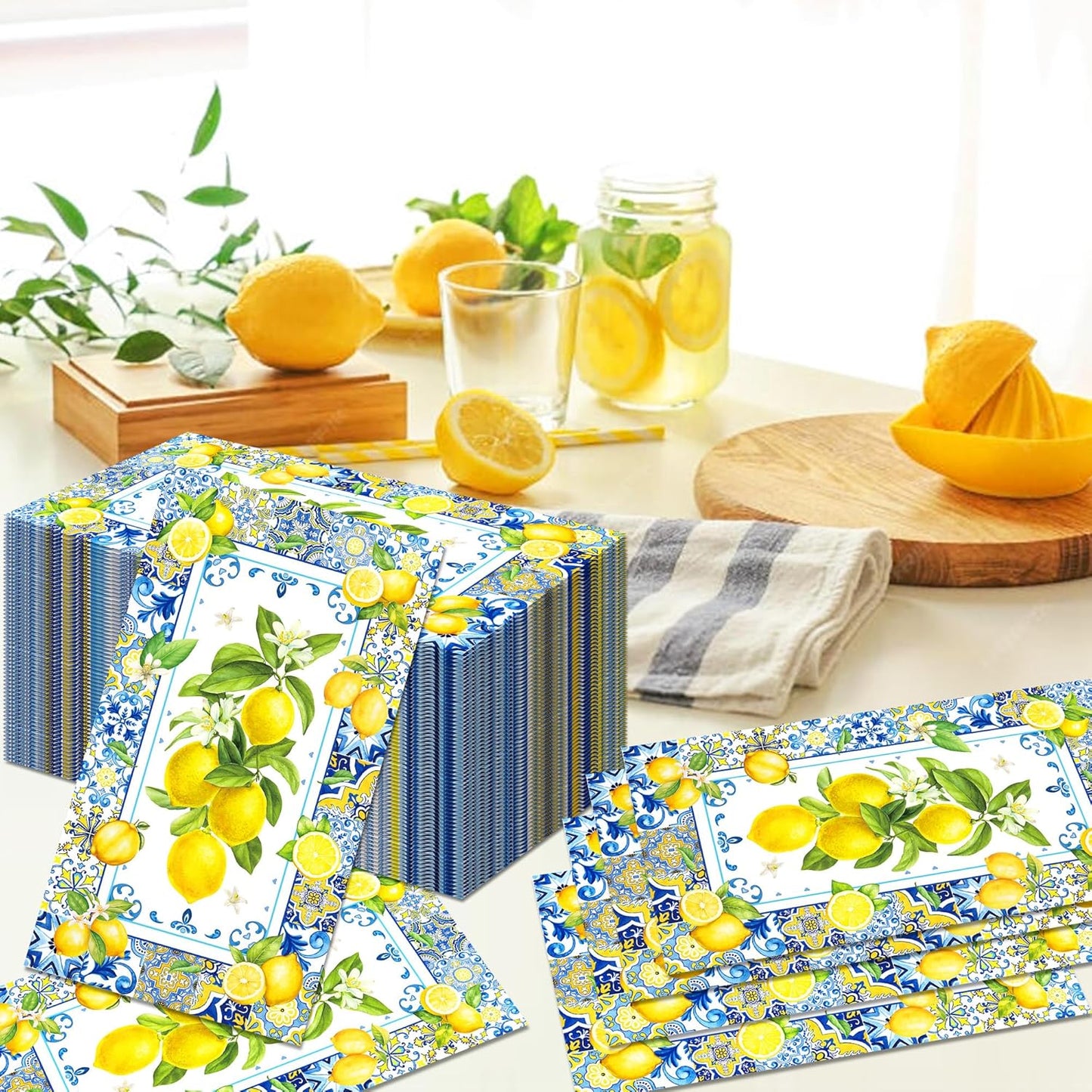 40Pcs Lemon Paper Napkins Chinoiserie Blue Tile Theme Decorative Paper Hand Towels Disposable Lemon Guest Napkins Summer Blue Yellow Guest Towels for Summer Yellow Lemons Bathroom Wedding,4.3x7.9In