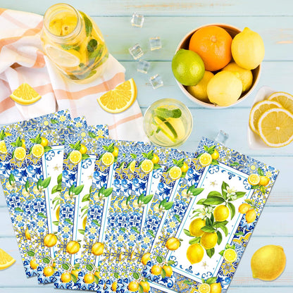 40Pcs Lemon Paper Napkins Chinoiserie Blue Tile Theme Decorative Paper Hand Towels Disposable Lemon Guest Napkins Summer Blue Yellow Guest Towels for Summer Yellow Lemons Bathroom Wedding,4.3x7.9In