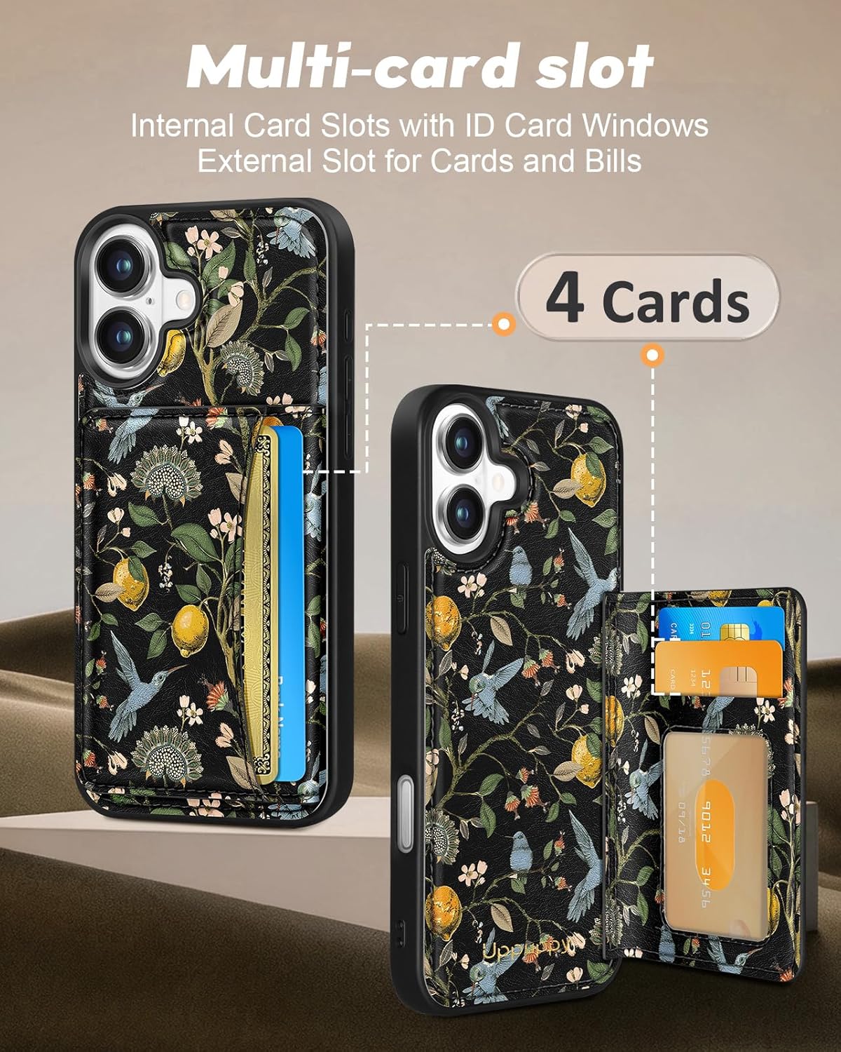 for iPhone 16 Wallet Case - Fits 4 Card Slots, Compatible with MagSafe for Women Aesthetic Durable PU Leather Credit Card Holder Kickstand Phone Cover for Apple 16, Lemon Bird