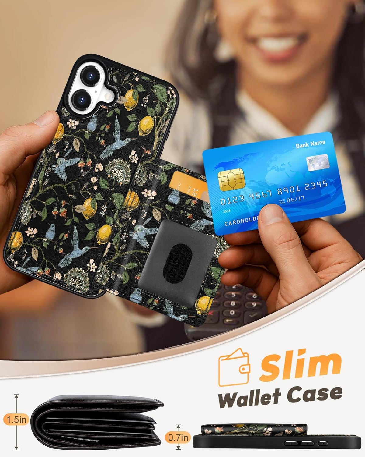 for iPhone 16 Wallet Case - Fits 4 Card Slots, Compatible with MagSafe for Women Aesthetic Durable PU Leather Credit Card Holder Kickstand Phone Cover for Apple 16, Lemon Bird