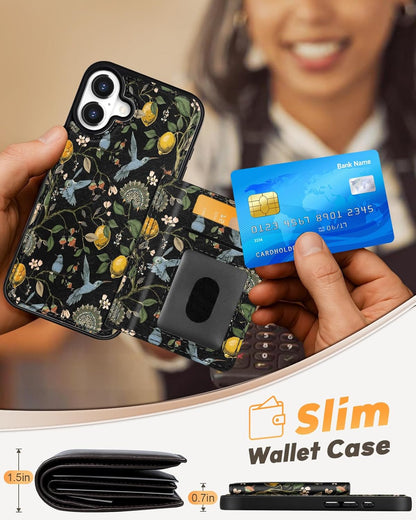 for iPhone 16 Wallet Case - Fits 4 Card Slots, Compatible with MagSafe for Women Aesthetic Durable PU Leather Credit Card Holder Kickstand Phone Cover for Apple 16, Lemon Bird