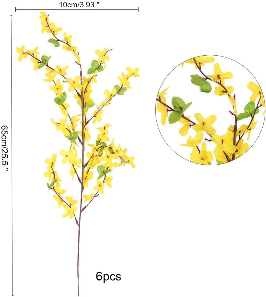 6Pcs Yellow Artificial Flowers 25.5in Long Stem Forsythia Branches | Realistic Silk Yellow Faux Flowers with Flexible Stems, Perfect for Tall Vase Decor, Weddings, Home and Outdoor Arrangement
