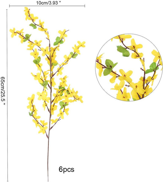 6Pcs Yellow Artificial Flowers 25.5in Long Stem Forsythia Branches | Realistic Silk Yellow Faux Flowers with Flexible Stems, Perfect for Tall Vase Decor, Weddings, Home and Outdoor Arrangement
