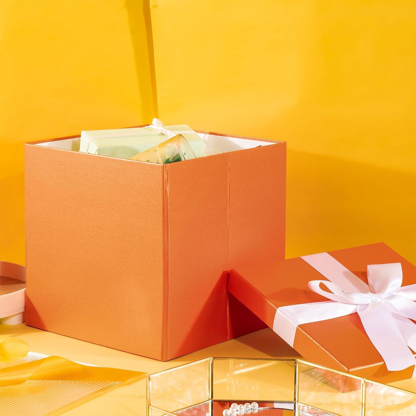 Medium Birthday Gift Box with Lids, Ribbon and Tissue Paper, Collapsible Gift Box - 1 Pcs, 10x10x10 Inches, Orange