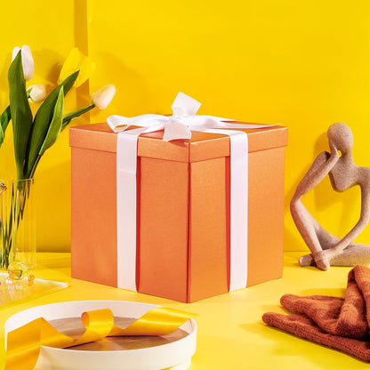 Medium Birthday Gift Box with Lids, Ribbon and Tissue Paper, Collapsible Gift Box - 1 Pcs, 10x10x10 Inches, Orange
