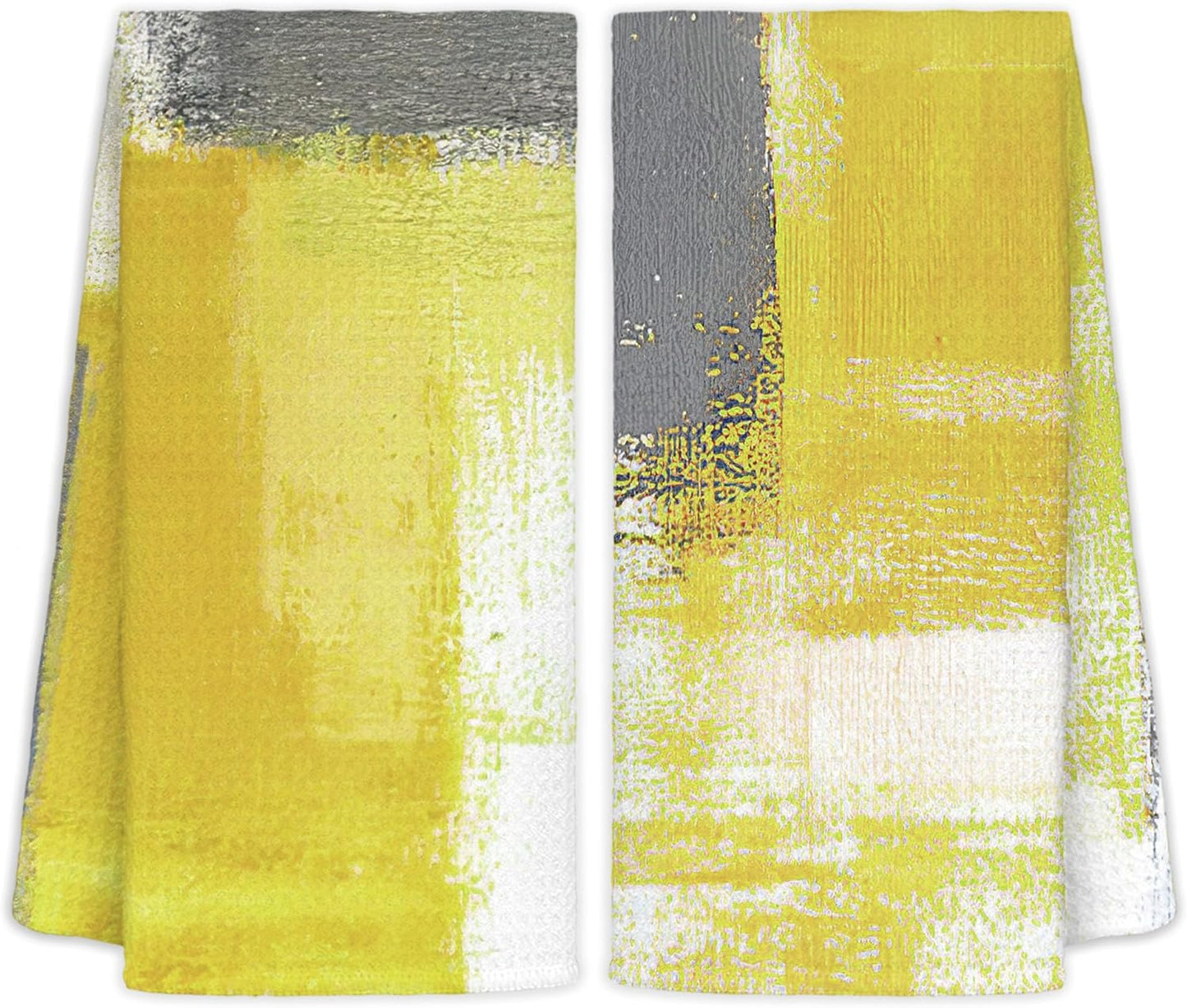 Yellow and Grey Hand Towels 2 Pack Set - Modern Yellow Gray Kitchen Dish Towels with Hanging Loop, Modern Kitchen Decor, 16x24