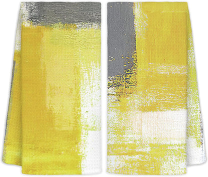 Yellow and Grey Hand Towels 2 Pack Set - Modern Yellow Gray Kitchen Dish Towels with Hanging Loop, Modern Kitchen Decor, 16x24