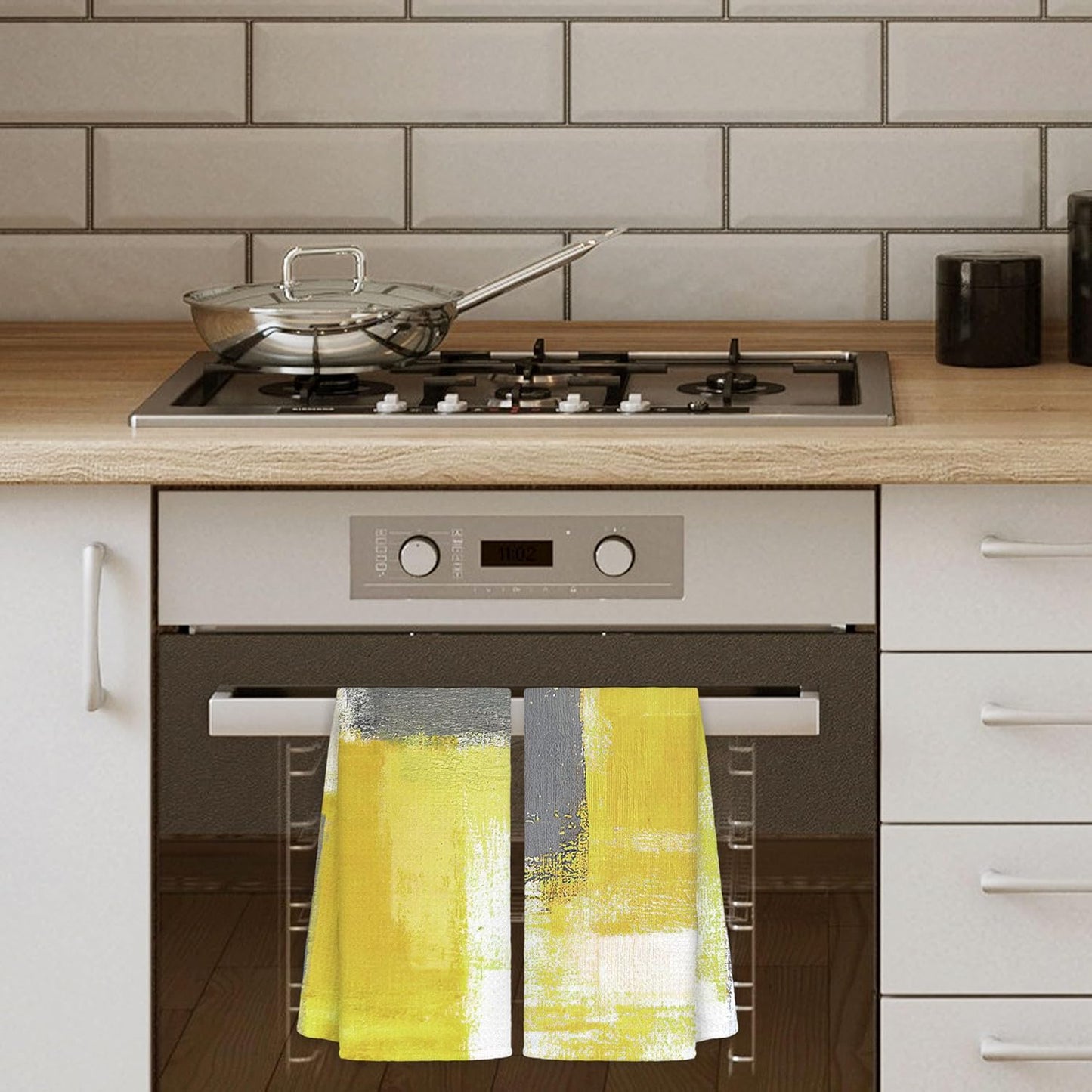 Yellow and Grey Hand Towels 2 Pack Set - Modern Yellow Gray Kitchen Dish Towels with Hanging Loop, Modern Kitchen Decor, 16x24