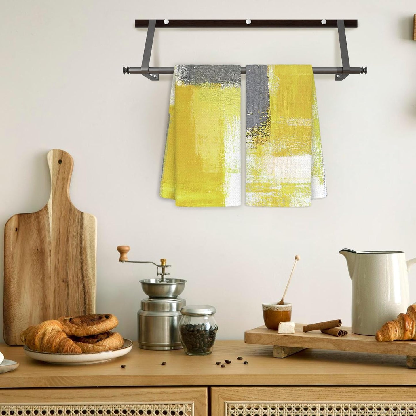 Yellow and Grey Hand Towels 2 Pack Set - Modern Yellow Gray Kitchen Dish Towels with Hanging Loop, Modern Kitchen Decor, 16x24