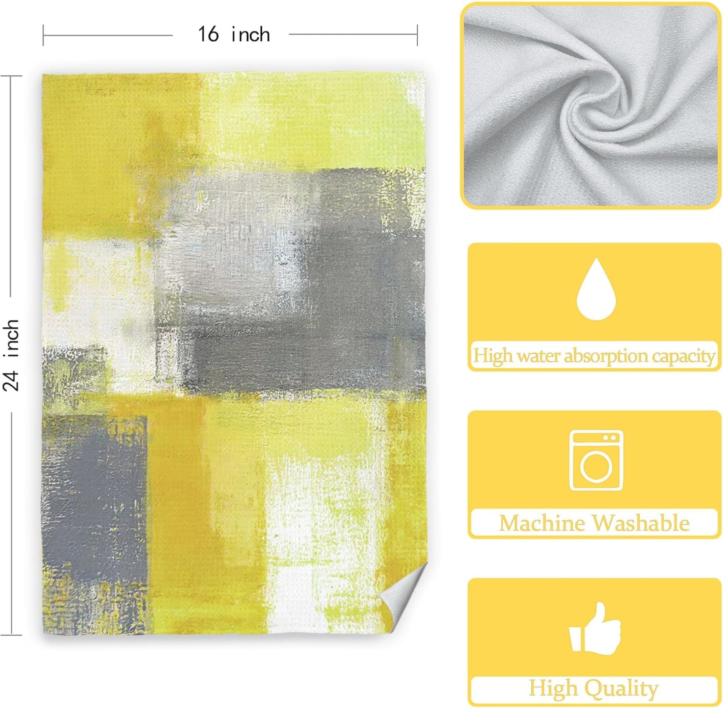 Yellow and Grey Hand Towels 2 Pack Set - Modern Yellow Gray Kitchen Dish Towels with Hanging Loop, Modern Kitchen Decor, 16x24