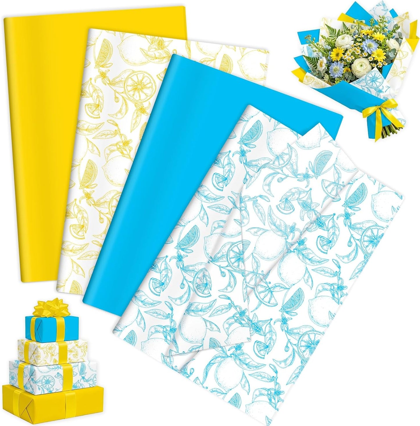 100 Sheets Lemon Prtint Tissue Paper, 20 x 14’’ 4 Styles Lemon Patterns Gift Wrapping Tissue Paper for DIY Pom-poms, Summer Fruit-Themed Birthday Party Decor
