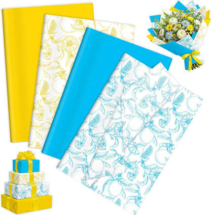 100 Sheets Lemon Prtint Tissue Paper, 20 x 14’’ 4 Styles Lemon Patterns Gift Wrapping Tissue Paper for DIY Pom-poms, Summer Fruit-Themed Birthday Party Decor
