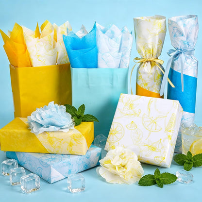 100 Sheets Lemon Prtint Tissue Paper, 20 x 14’’ 4 Styles Lemon Patterns Gift Wrapping Tissue Paper for DIY Pom-poms, Summer Fruit-Themed Birthday Party Decor
