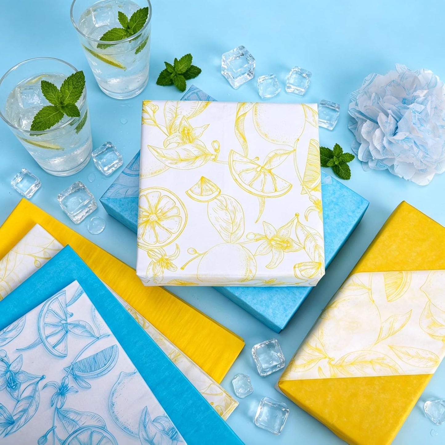 100 Sheets Lemon Prtint Tissue Paper, 20 x 14’’ 4 Styles Lemon Patterns Gift Wrapping Tissue Paper for DIY Pom-poms, Summer Fruit-Themed Birthday Party Decor