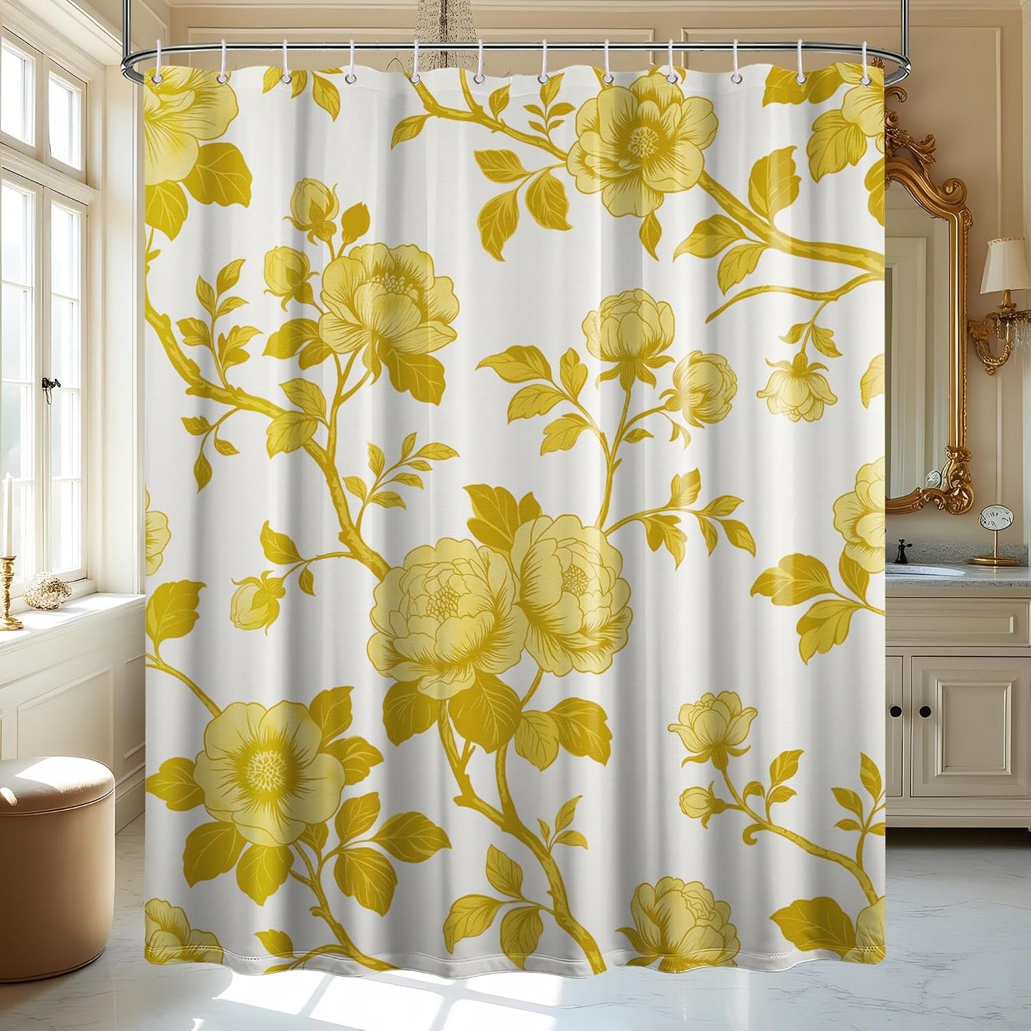 Mustard Yellow Flower Shower Curtain Abstract Floral Shower Curtains for Bathroom Decor Sets, Waterproof Cloth Fabric with Hooks, 70 x 72 Inch