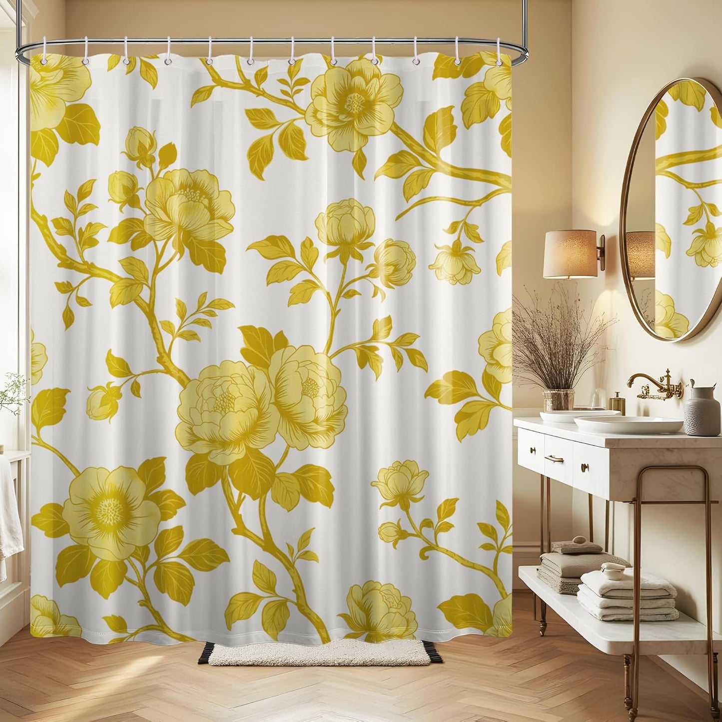 Mustard Yellow Flower Shower Curtain Abstract Floral Shower Curtains for Bathroom Decor Sets, Waterproof Cloth Fabric with Hooks, 70 x 72 Inch